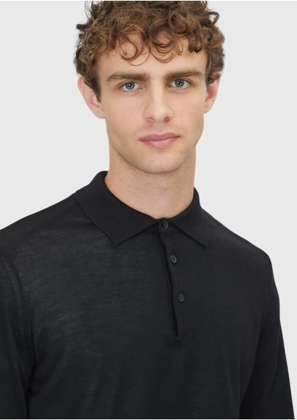 Siyah Polo Yaka Düz Örgü Yün Karışımlı Triko Kazak indirimleri