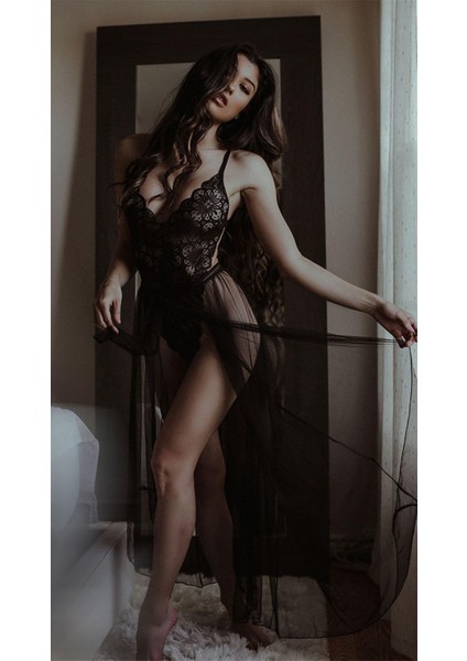 Siyah Belden Bağlamalı Dantelli Body Gecelik