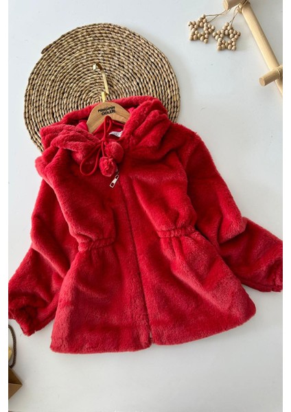 Pelüş Kız Çocuk Kapüşonlu Kız Çocuk Mont - Bordo