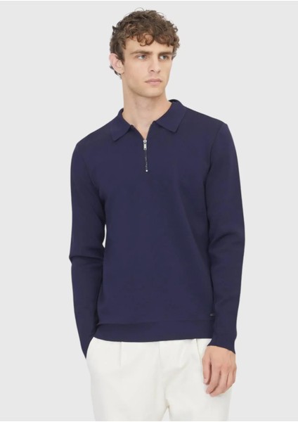 Lacivert Polo Yaka Düz Örgü Triko Kazak