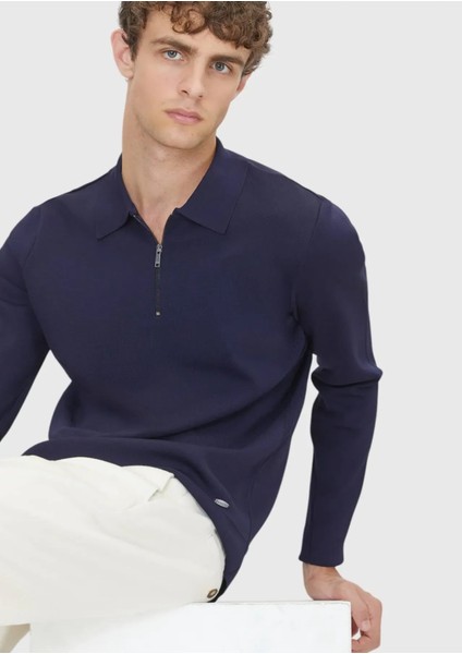 Lacivert Polo Yaka Düz Örgü Triko Kazak modelleri