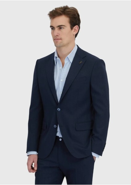 Koyu Lacivert Çizgili Modern Fit Yün Karışımlı Takım Elbise