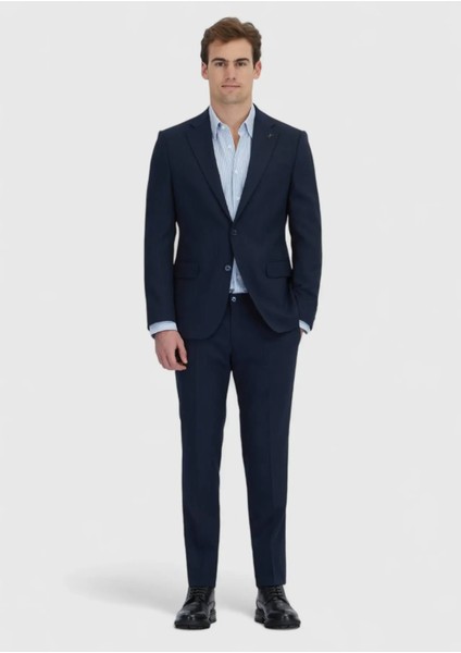 Koyu Lacivert Çizgili Modern Fit Yün Karışımlı Takım Elbise fiyatları
