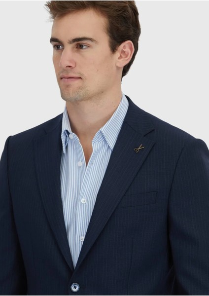 Koyu Lacivert Çizgili Modern Fit Yün Karışımlı Takım Elbise modelleri