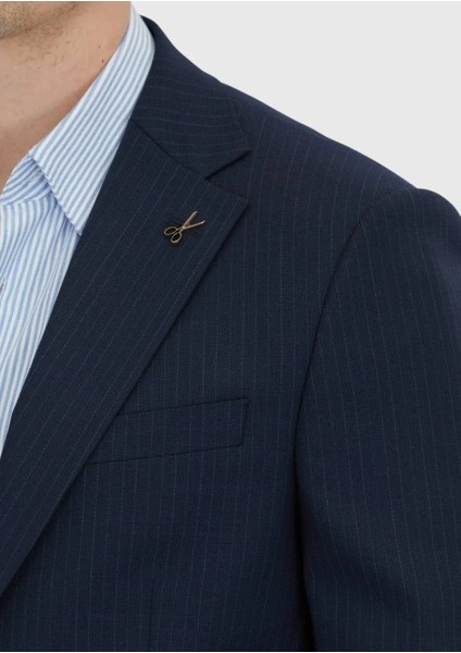 Koyu Lacivert Çizgili Modern Fit Yün Karışımlı Takım Elbise fırsatları