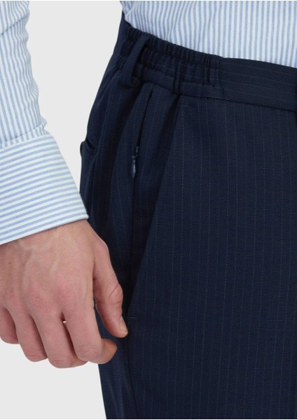 Koyu Lacivert Çizgili Modern Fit Yün Karışımlı Takım Elbise indirimleri