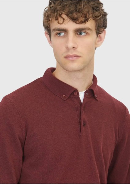 Bordo Polo Yaka Düz Örgü Yün Karışımlı Triko Kazak fırsatları