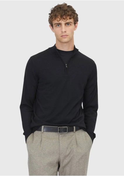 Siyah Yarım Balıkçı Yaka Düz Örgü Yün Karışımlı Triko Kazak
