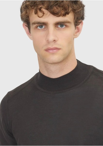 Kahverengi Bato Yaka Düz Örgü Yün Karışımlı Triko Kazak fırsatları