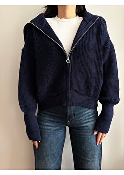 Lacivert Devrik Yaka Fermuarlı Triko Hırka modelleri