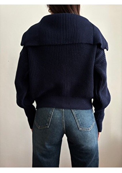 Lacivert Devrik Yaka Fermuarlı Triko Hırka indirimleri