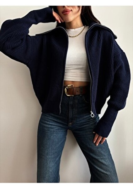 Lacivert Devrik Yaka Fermuarlı Triko Hırka