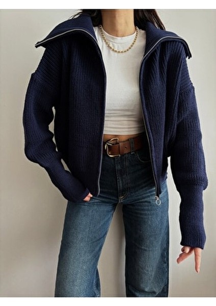 Lacivert Devrik Yaka Fermuarlı Triko Hırka