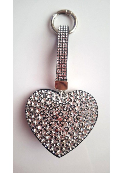 Lüks Hediyelik Zirkon Taşlı Nazar Boncuklu Gümüş Kalp Anahtarlık - Çanta Süsü 14,5 cm