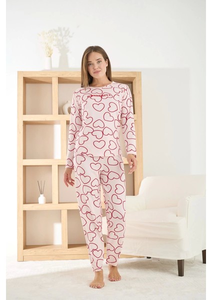 Kadın Petek Kumaş Kalp Desenli Bisiklet Yaka Pijama Takımı - 8915