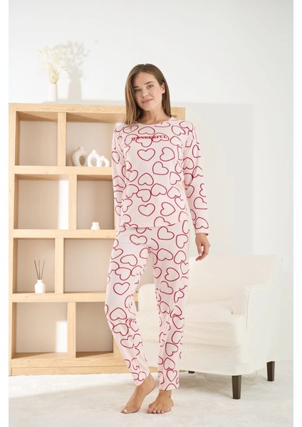 Kadın Petek Kumaş Kalp Desenli Bisiklet Yaka Pijama Takımı - 8915 fiyatları