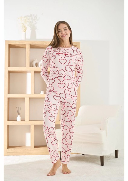 Kadın Petek Kumaş Kalp Desenli Bisiklet Yaka Pijama Takımı - 8915 modelleri