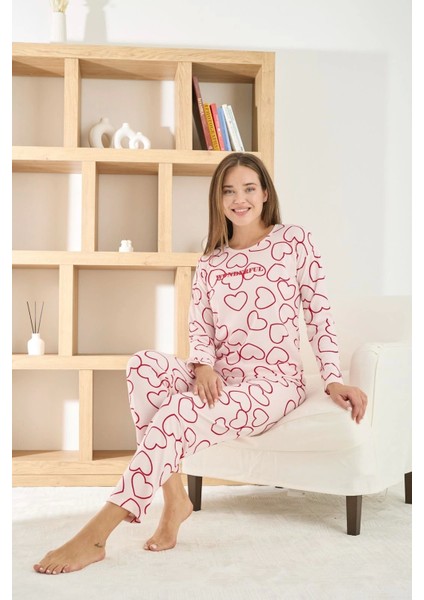 Kadın Petek Kumaş Kalp Desenli Bisiklet Yaka Pijama Takımı - 8915 fırsatları