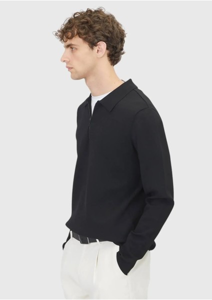 Siyah Polo Yaka Düz Örgü Triko Kazak modelleri