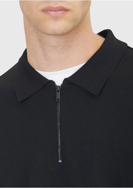 Siyah Polo Yaka Düz Örgü Triko Kazak indirimleri