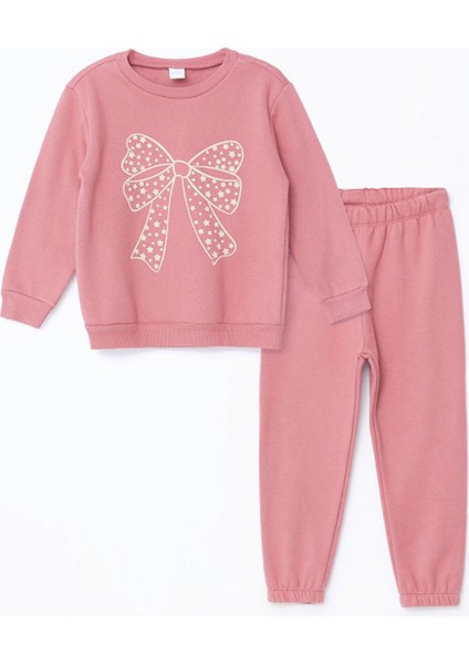 Lcw Kids Pembe Bisiklet Yaka Uzun Kollu Baskılı Kız Çocuk Sweatshirt ve Eşofman Alt 2'li Takım