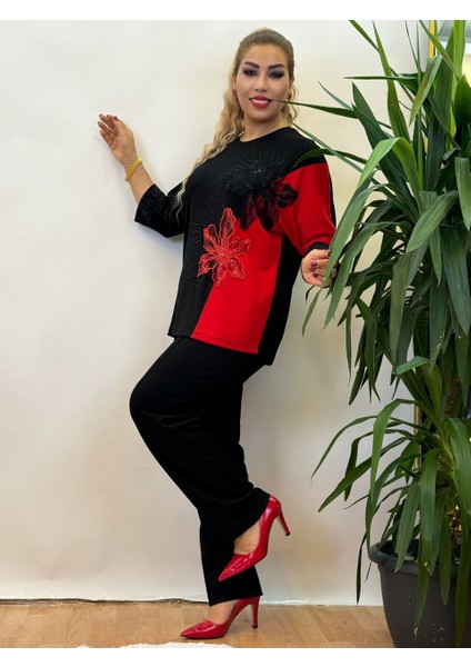 Takım bluz ve pantolon Üç Iplikli Pamuklu Yarasa Kol Beli Lastikli Yan Cep Detaylı Işlemeli ve Taş Işçiliği