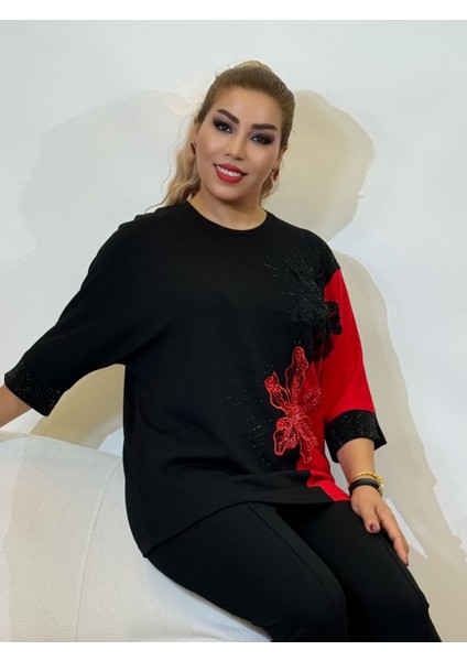 Takım bluz ve pantolon Üç Iplikli Pamuklu Yarasa Kol Beli Lastikli Yan Cep Detaylı Işlemeli ve Taş Işçiliği fırsatları