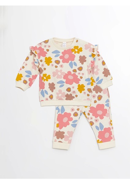 Lcw Baby Ekru Bisiklet Yaka Uzun Kollu Çiçekli Kız Bebek Sweatshirt ve Eşofman Alt 2'li Takım