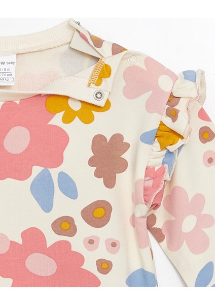 Lcw Baby Ekru Bisiklet Yaka Uzun Kollu Çiçekli Kız Bebek Sweatshirt ve Eşofman Alt 2'li Takım