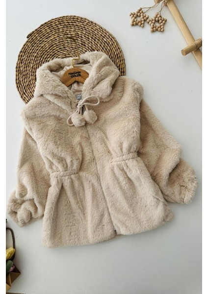 Pelüş Kız Çocuk Kapüşonlu Kız Çocuk Mont - Bej