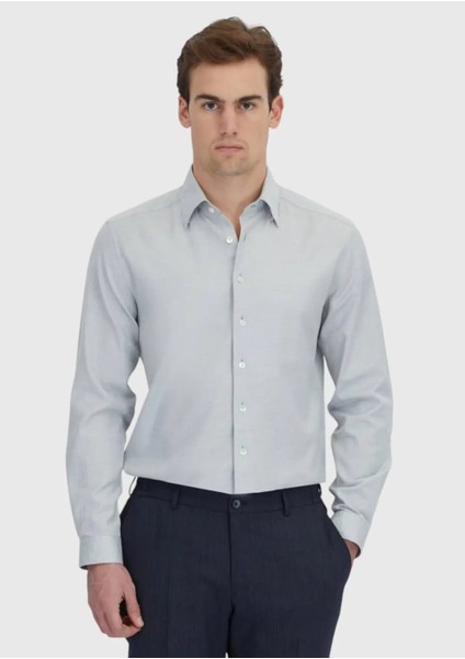 Açık Gri Desenli Casual Fit Dokuma Casual %100 Pamuk Gömlek