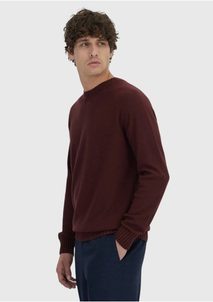 Bordo Bisiklet Yaka Düz Örgü Yün Karışımlı Triko Kazak