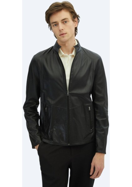 Gri Regular Fit Dik Yaka Smart Casual Çift Taraflı Deri Mont