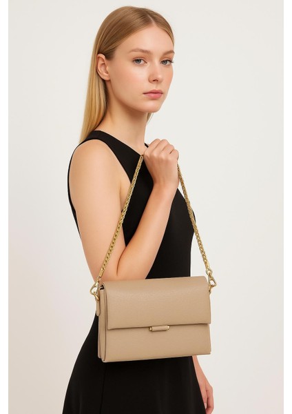 Kadın Yumuşak Deri Zincir Detaylı Bölmeli Şık Zarif El & Omuz ve Çapraz Askılı