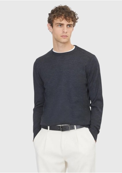 Antrasit Bisiklet Yaka Düz Örgü Yün Karışımlı Triko Kazak