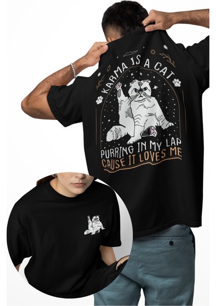 Unisex Karma Is A Cat Sırt Baskılı Tişört, Oversize Taylor Swift Temalı Bisiklet Yaka T-Shirt
