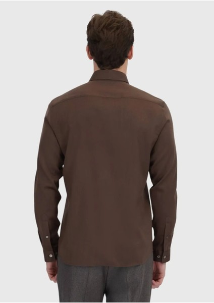 Kahverengi Düz Casual Fit Dokuma Casual Ipek Karışımlı Gömlek indirimleri