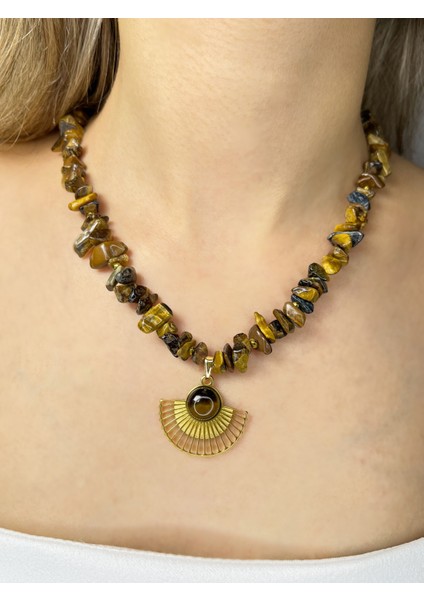 Kaplan Gözü Doğaltaş Kolye – Çelik Uçlu Altın Renkli