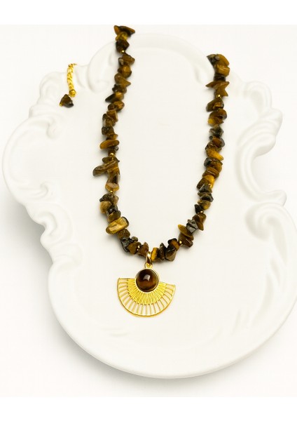 Kaplan Gözü Doğaltaş Kolye – Çelik Uçlu Altın Renkli fiyatları