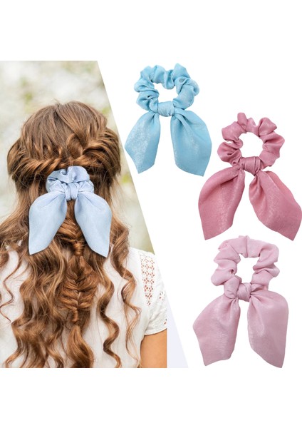 3'lü Fular Scrunchie Fularlı Fiyonk Lastik Toka - Yeni Sezon Kadın Fularlı Lastik Saç Tokası Renk-3