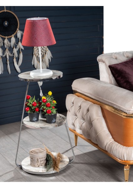 Üç Katlı Mermer Desenli Suntalam Yan Sehpa – Dayanıklı Beyaz Modern Tasarım, Salon ve Ofis Kullanımına Uygun fırsatları