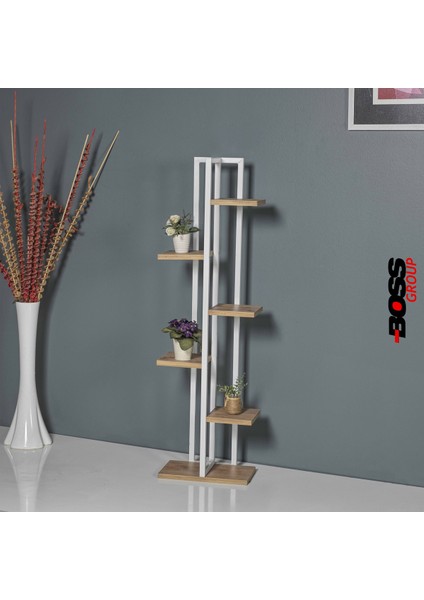 Beyaz Metal Çerçeveli, 6 Bölmeli Ahşap Raflı Modern Çiçeklik – Ev ve Ofis Dekorasyonu İçin Şık Tasarım indirimleri