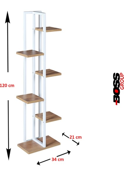 Beyaz Metal Çerçeveli, 6 Bölmeli Ahşap Raflı Modern Çiçeklik – Ev ve Ofis Dekorasyonu İçin Şık Tasarım
