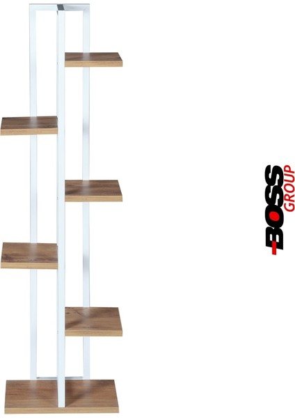 Beyaz Metal Çerçeveli, 6 Bölmeli Ahşap Raflı Modern Çiçeklik – Ev ve Ofis Dekorasyonu İçin Şık Tasarım