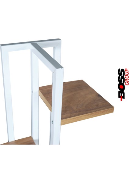 Beyaz Metal Çerçeveli, 6 Bölmeli Ahşap Raflı Modern Çiçeklik – Ev ve Ofis Dekorasyonu İçin Şık Tasarım