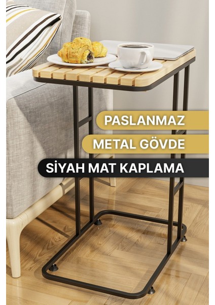 Masif Ahşap ve Paslanmaz Metal Gövdeli, Suya Dayanıklı Siyah Mat Kaplamalı Modern Yan Sehpa – Salon ve Ofis Kullanımına Uygun