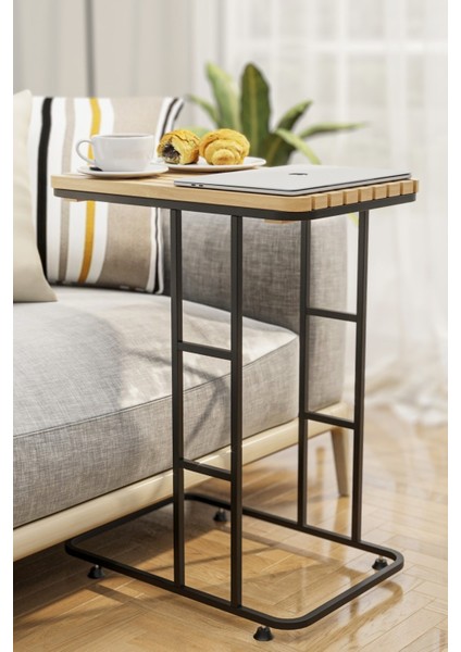 Masif Ahşap ve Paslanmaz Metal Gövdeli, Suya Dayanıklı Siyah Mat Kaplamalı Modern Yan Sehpa – Salon ve Ofis Kullanımına Uygun