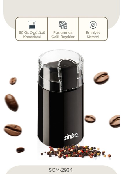 SCM-2934 Elektrikli Kahve Öğütme Makinesi – Paslanmaz Çelik Bıçaklı, 50 g Kapasiteli, Ev ve Ofis Kullanımına Uygun modelleri