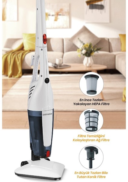 GM-7545 Joker Beyaz Dik Elektrikli Süpürge – 3 Fonksiyon, 1 L Toz Haznesi, Torbasız ve Güçlü Emiş