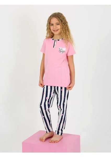 Minykids Kalp Desen Pembe Kısa Kollu Düğmeli Yaka %100 Pamuklu Kız Çocuk Pijama Takım